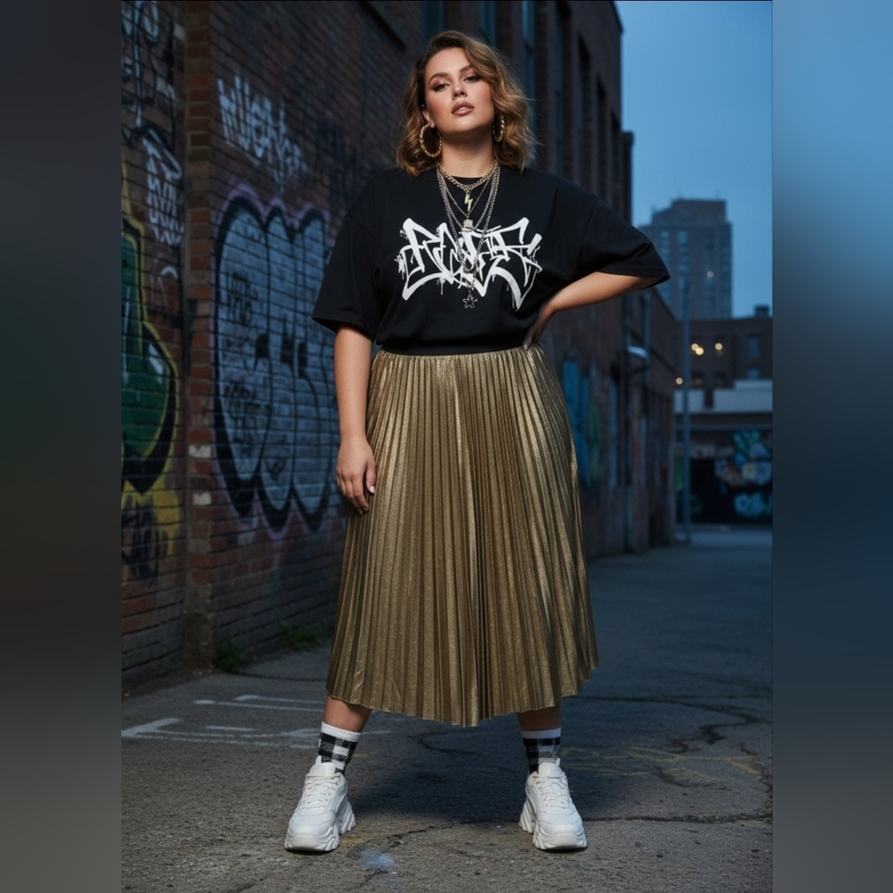 NWT Simply Be Capsule Gold Metallic Pleated Midi Skirt Sz 14